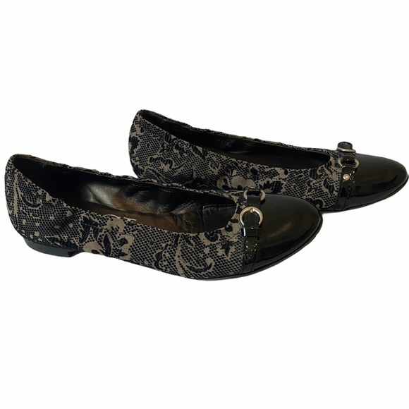 AGL Ballet Flats EU 38 / US 8 Black Patent Leather Monika Cap Toe Velvet Brocade - Picture 3 of 11